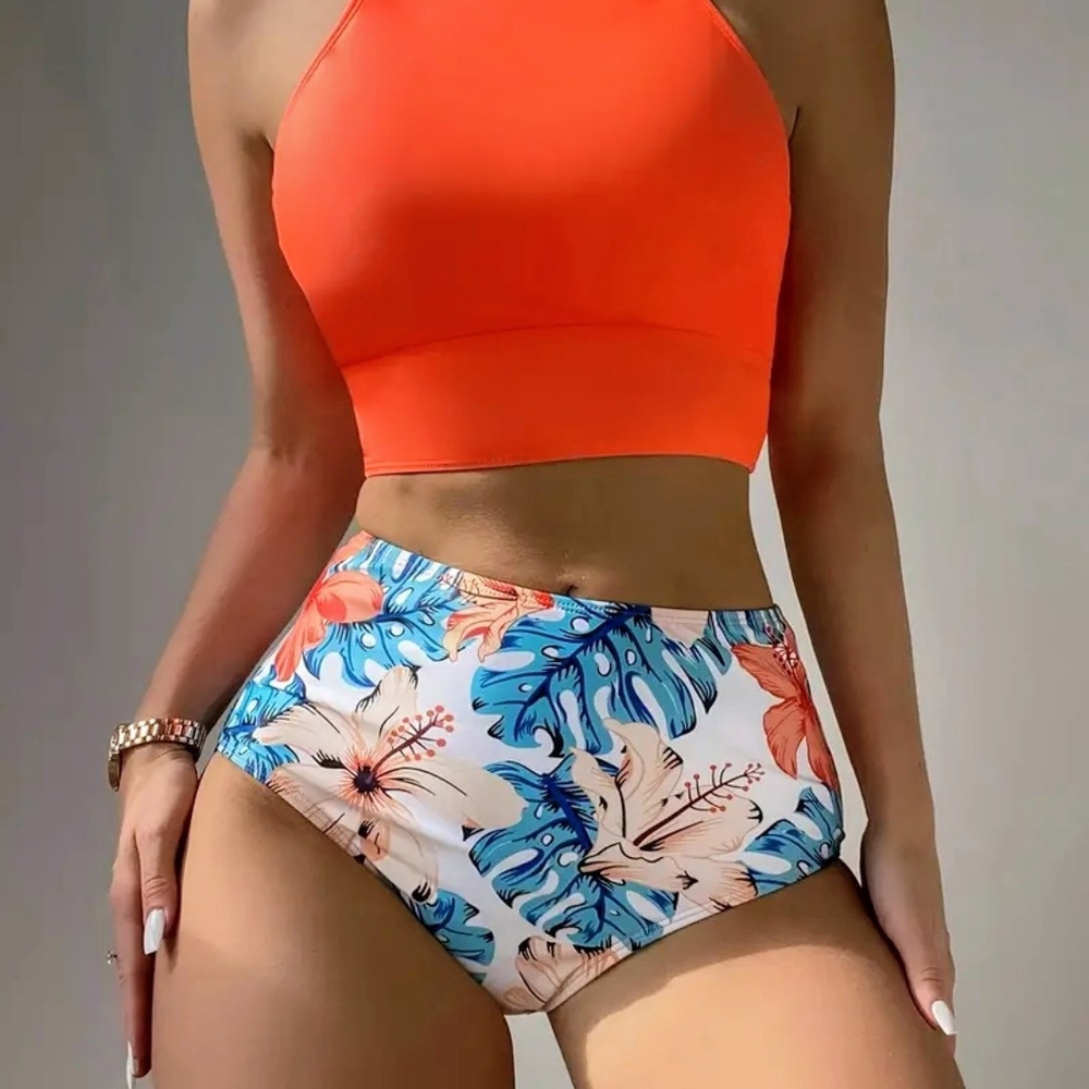 Orange and Floral High-Waisted Bikini Set
